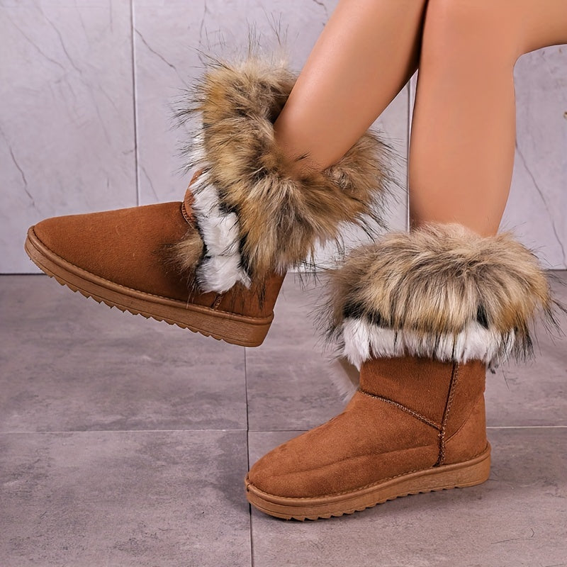 Women's Faux Fur Snow Boots, Casual Slip On Plush Lined Boots, Women's Comfortable Winter Boots