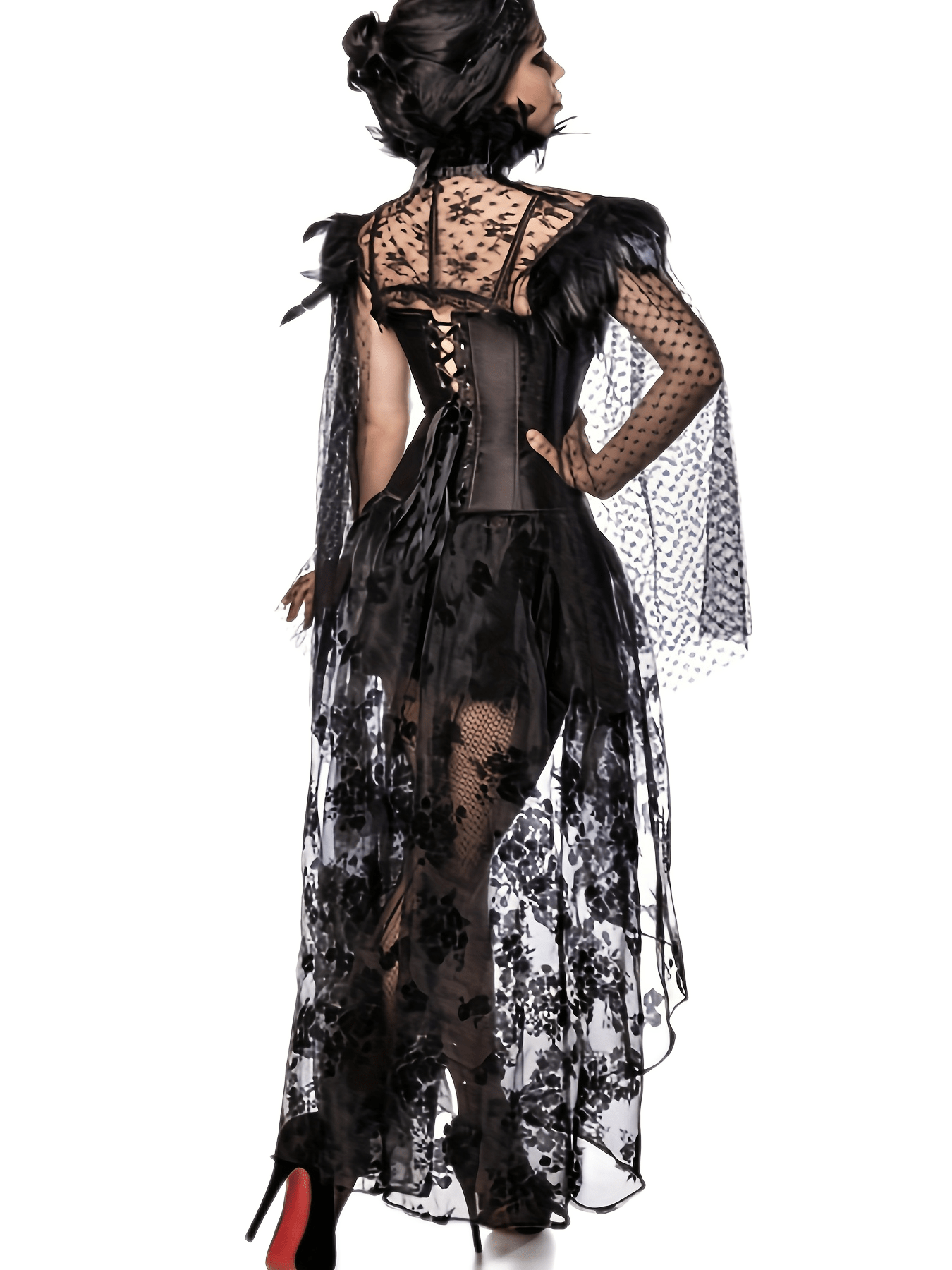 Gothic Vampire Queen Halloween Costume Set, Sexy Lace Shawl With Corset And Hi-Lo Skirt, Three-Piece Outfit.