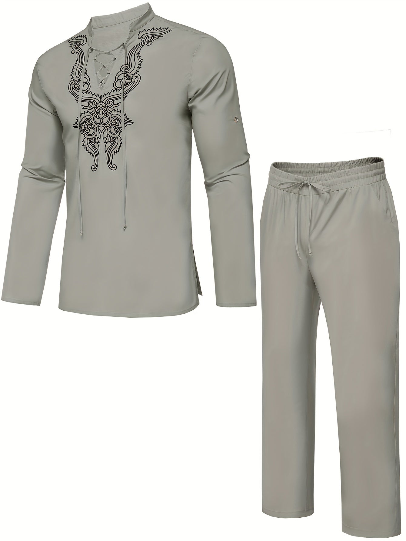 Cotton Boho Style Pattern Embroidery Men's 2 Pieces Outfits, Long Sleeve Lace Up Shirt And Drawstring Solid Trousers Set