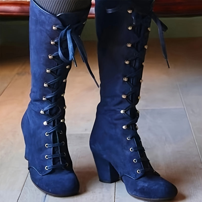 Womens Solid Hue Chunky Heel Knee High Boots - Fashion-Forward Lace-Up Design, Luxuriously Comfortable, Dress-to-Impress - Stylish and Trendy