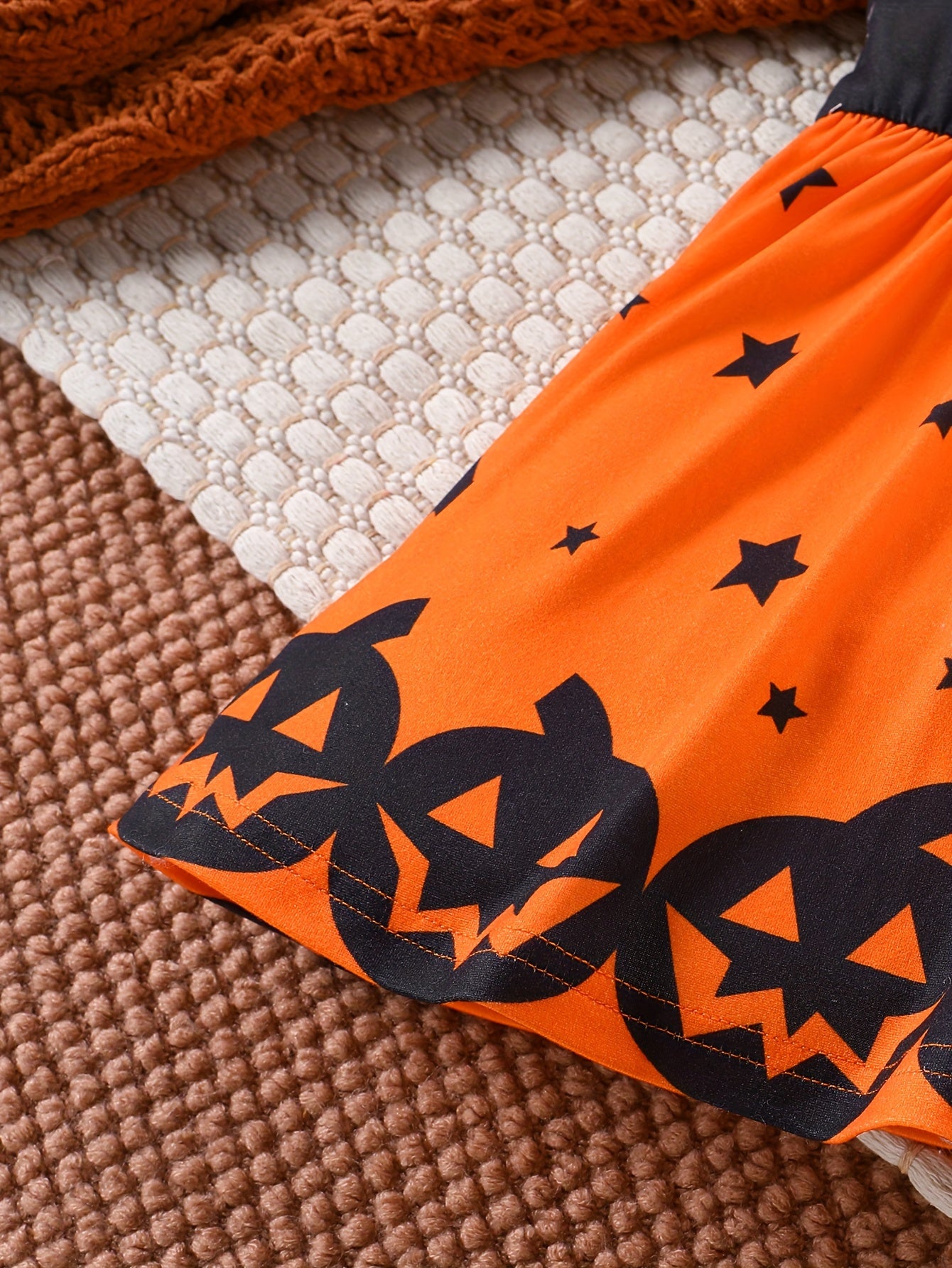 Halloween Pumpkin & Ghost Face Print Dress - Sleeveless with Ruffle Trim, Stretchy Fabric, Machine Washable