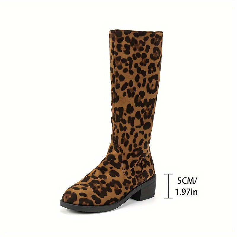 Leopard Print Sexy Boots European and American Style Mid-Calf Boots Round Head Sexy SM Makeup Ball Special Boots Plus Velvet Comfortable Velvet Fabric Women's Boots French Style Women's Thick Sole Side Zipper Anti-Slip Shoppi