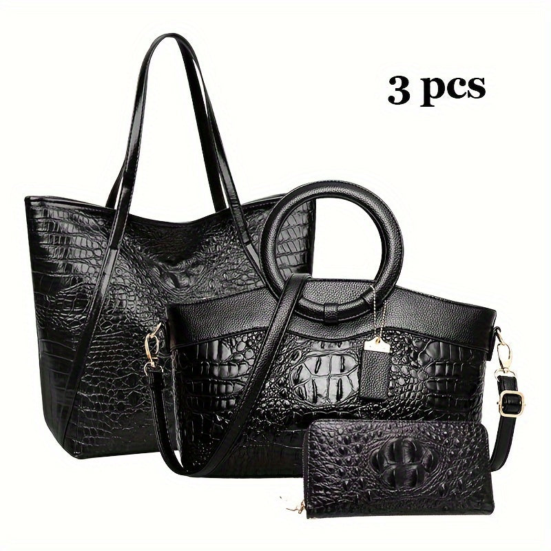 Elegant Glossy Vintage Handbag Crocodile Pattern Crossbody Bag, Luxury Fashion Bridal Purse For Evening Party Date, PU Leather With Circular Handle