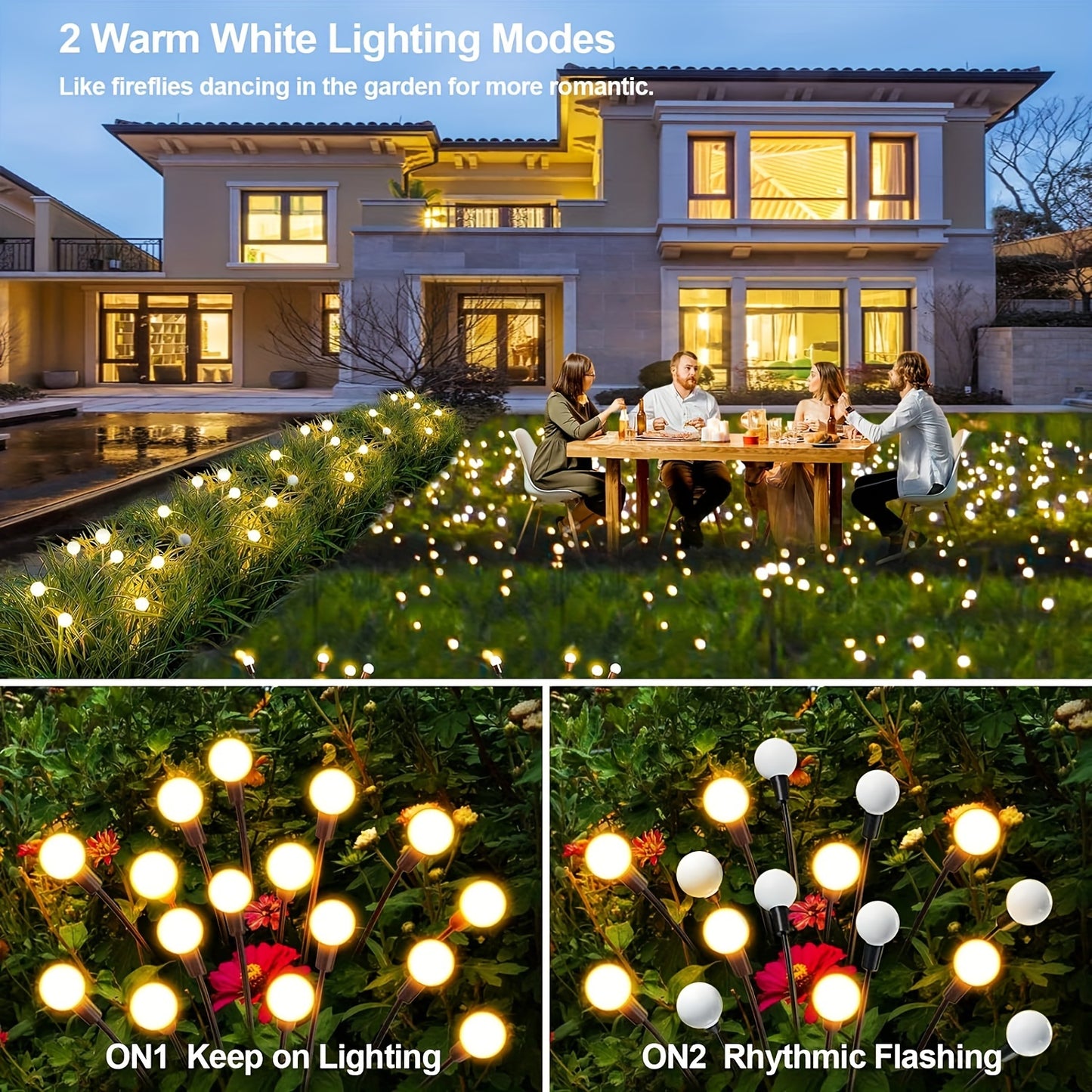 (8pcs 8 firefly solar lights) upgrade 64 LED solar firefly lights, solar garden lights outdoor decoration: flexible solar swaying lights for yard path landscape decoration, warm white 2 lighting modes, outdoor decorative ligh