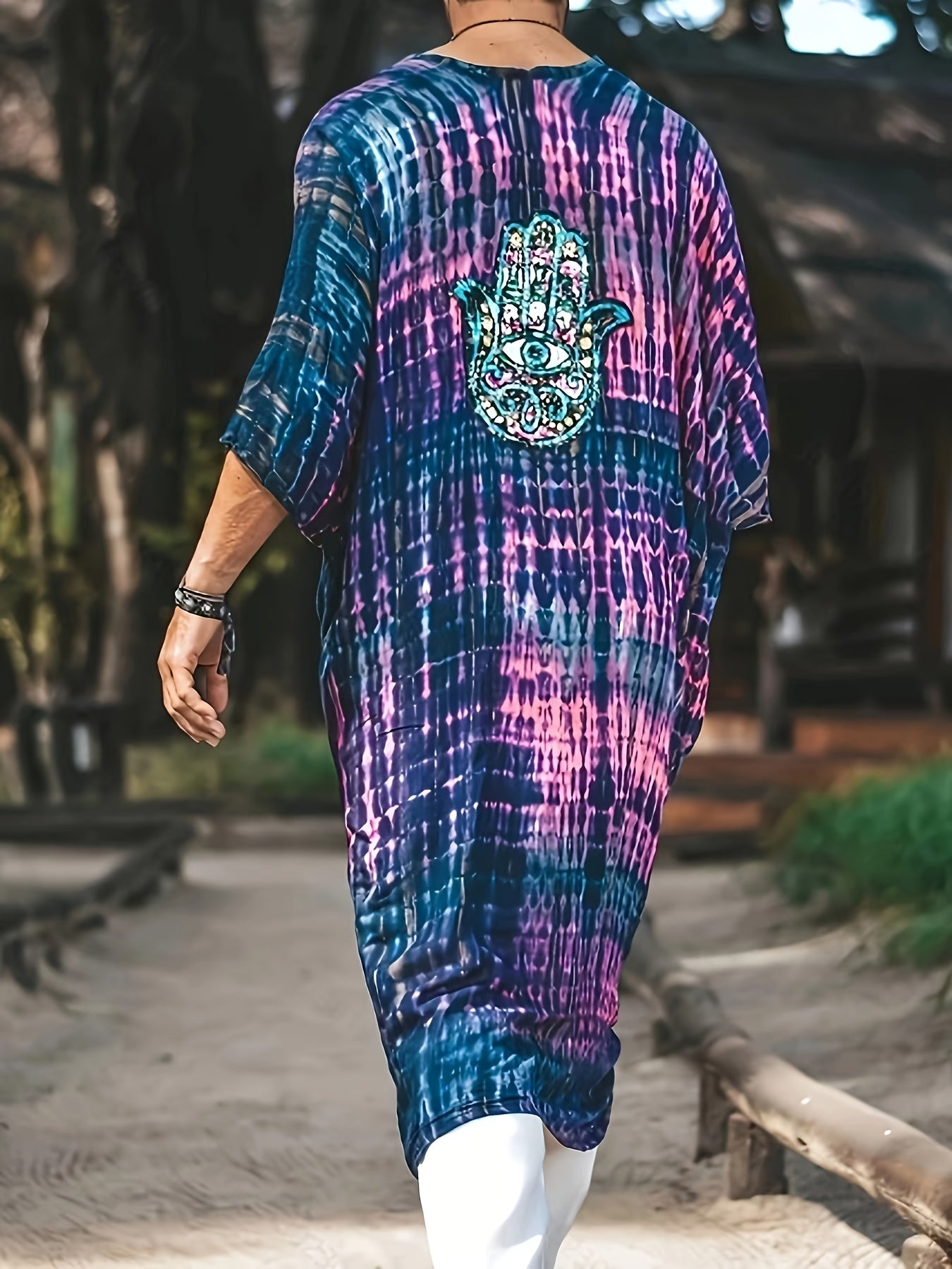 Men's Plus Size Fashion Kimono Cardigan, Bohemian Ethnic Print, Lightweight Beach Sun Protection Cover-Up, Casual Hand Shaped Pattern Print Shirt For Spring Summer Fall