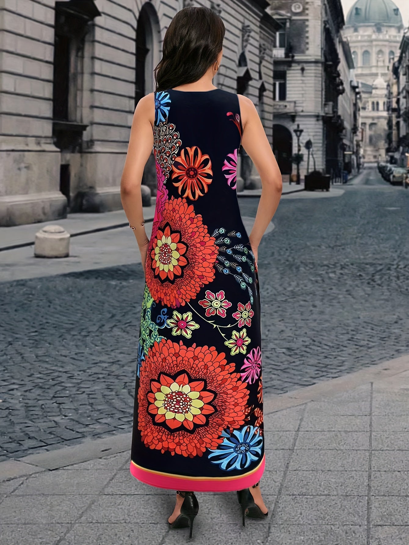 Boho Mandala Print Notched Neck Dress, Vacation Style Sleeveless Loose Maxi Dress For Spring & Summer, Women's Clothing