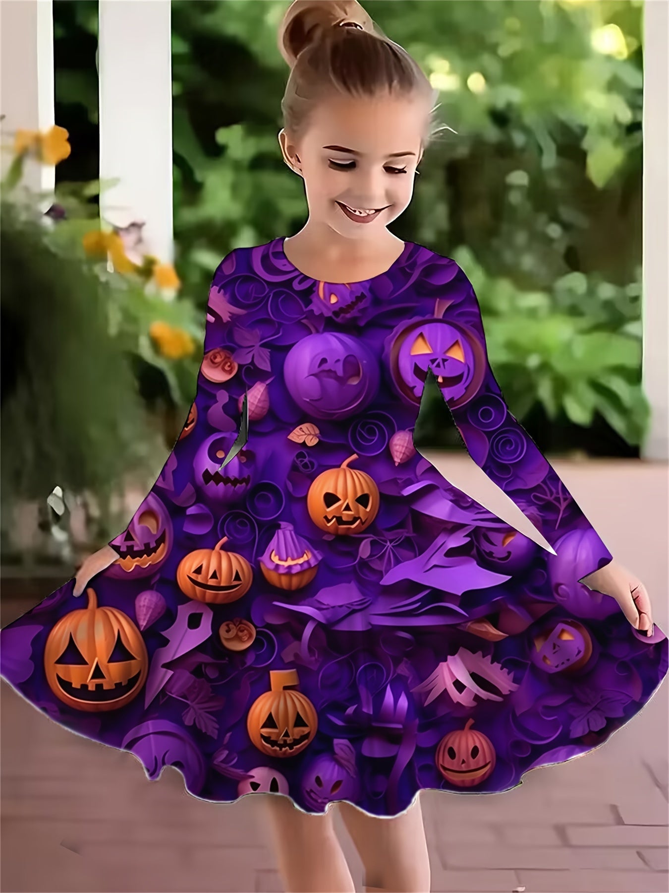 Kids' Halloween A-Line Dress - Long Sleeve 3D Printed Pumpkin Tunics, Casual Polyester Knit Fabric with Slight Stretch for Children Aged 3-12