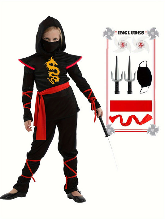 Kids Ninja Costume Set - Halloween Cosplay Ninja Outfit with Accessories for Children - Polyester and Spandex Blend Party Costume - Slight Stretch Solid Color Fabric - Woven Weave - Regular Fit for Boys and Girls Aged 3+