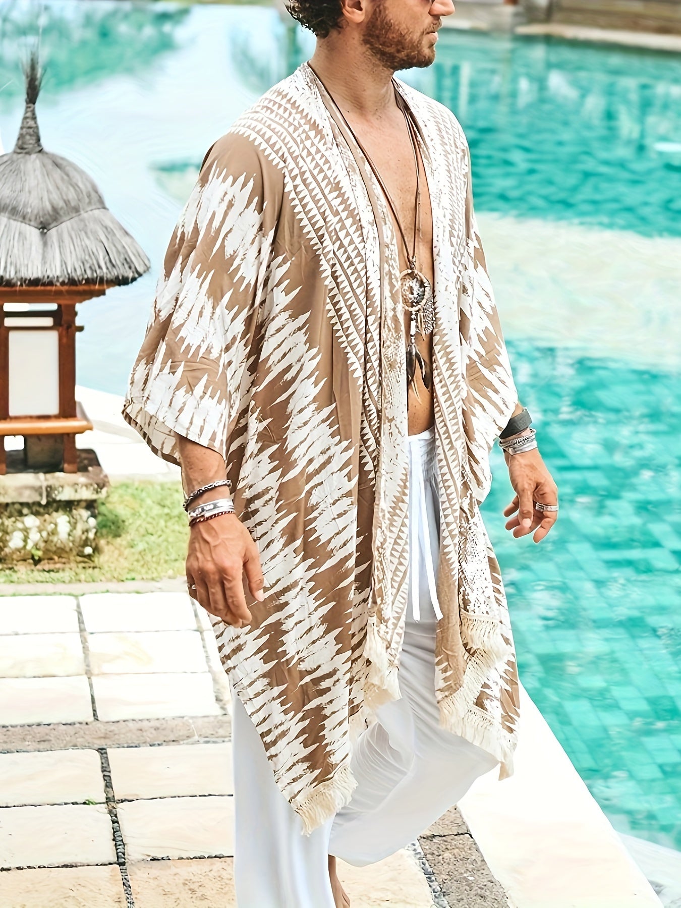 Bohemian Style Men's Cape With Tassel Design, Ethnic Style Clothing For Seaside Beach Vacation, Loose Casual Sun Protection Coat