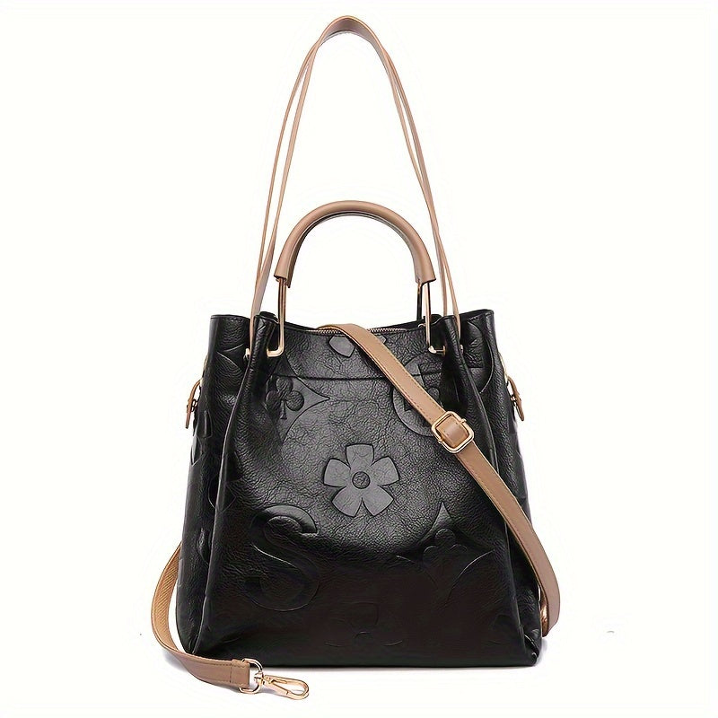 Elegant Flower Embossed Handbag, Fashionable Satchel Bag For Work, Classic All-Match Bag