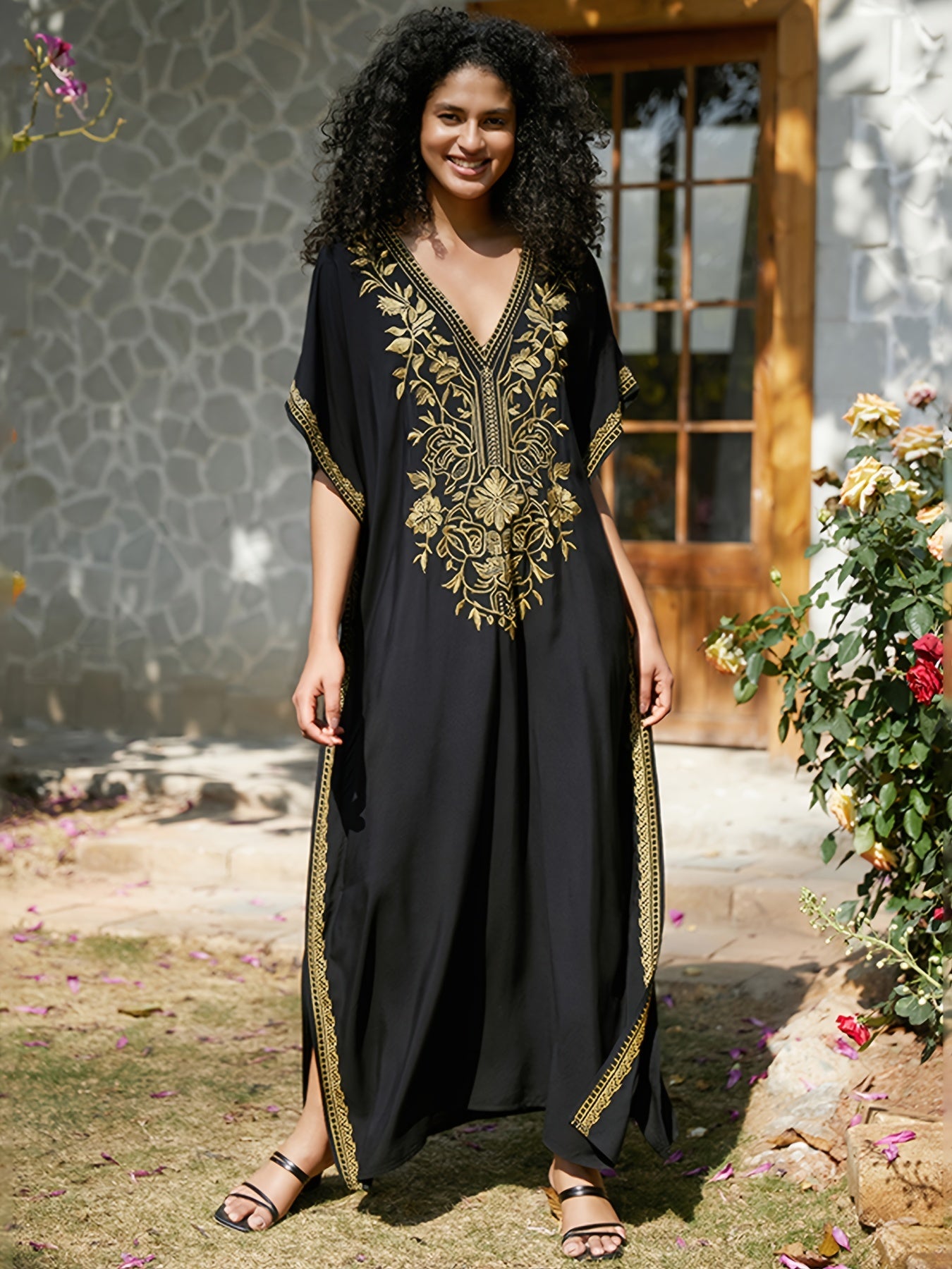 Bohemian Embroidery Caftan Dress House Dress Split Thigh Beachwear Vacation Dress Cover Up