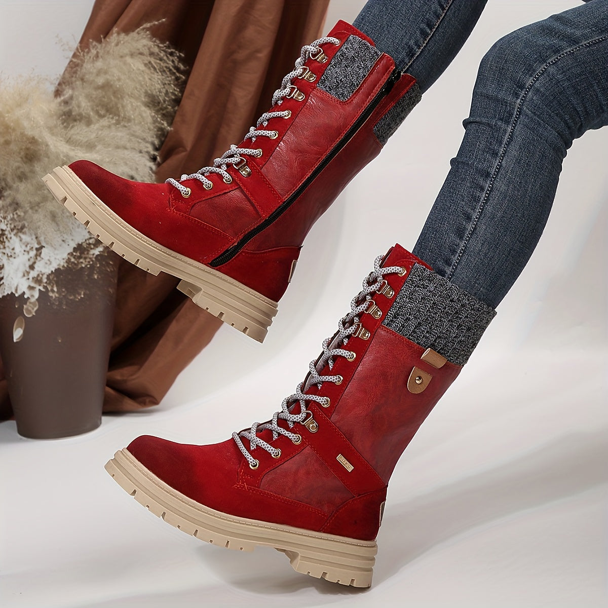 Women's Solid Color Trendy Boots, Lace Up Platform Side Zipper Comfy Mid Calf Boots, Winter Round Toe Knitted Rim Boots