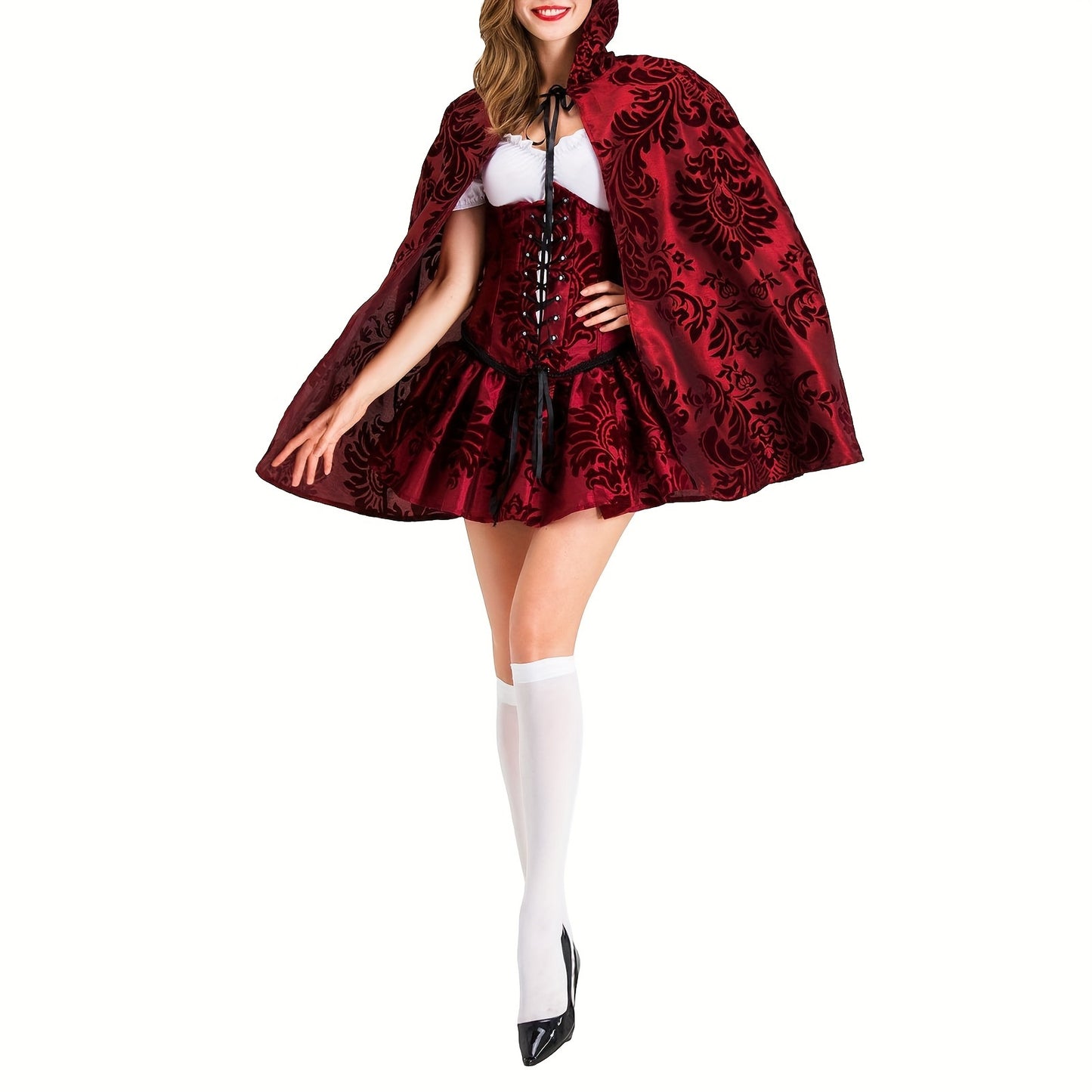 Halloween Costume For Women, Adult Gothic Red Dress With Cape Accessories For Themed Party