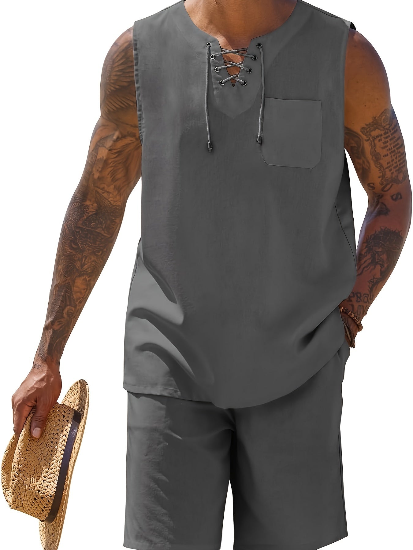 Mens Linen Sets Outfits 2 Piece Beach Drawstring Tank Tops Sleeveless Shirt Matching Shorts Set Hippie Wedding