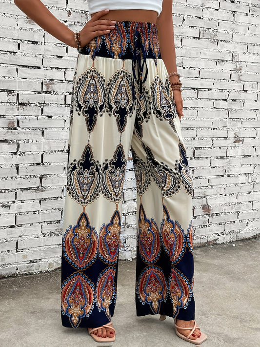 Ethnic Graphic Print Pants, Boho Shirred Waist Wide Leg Pants