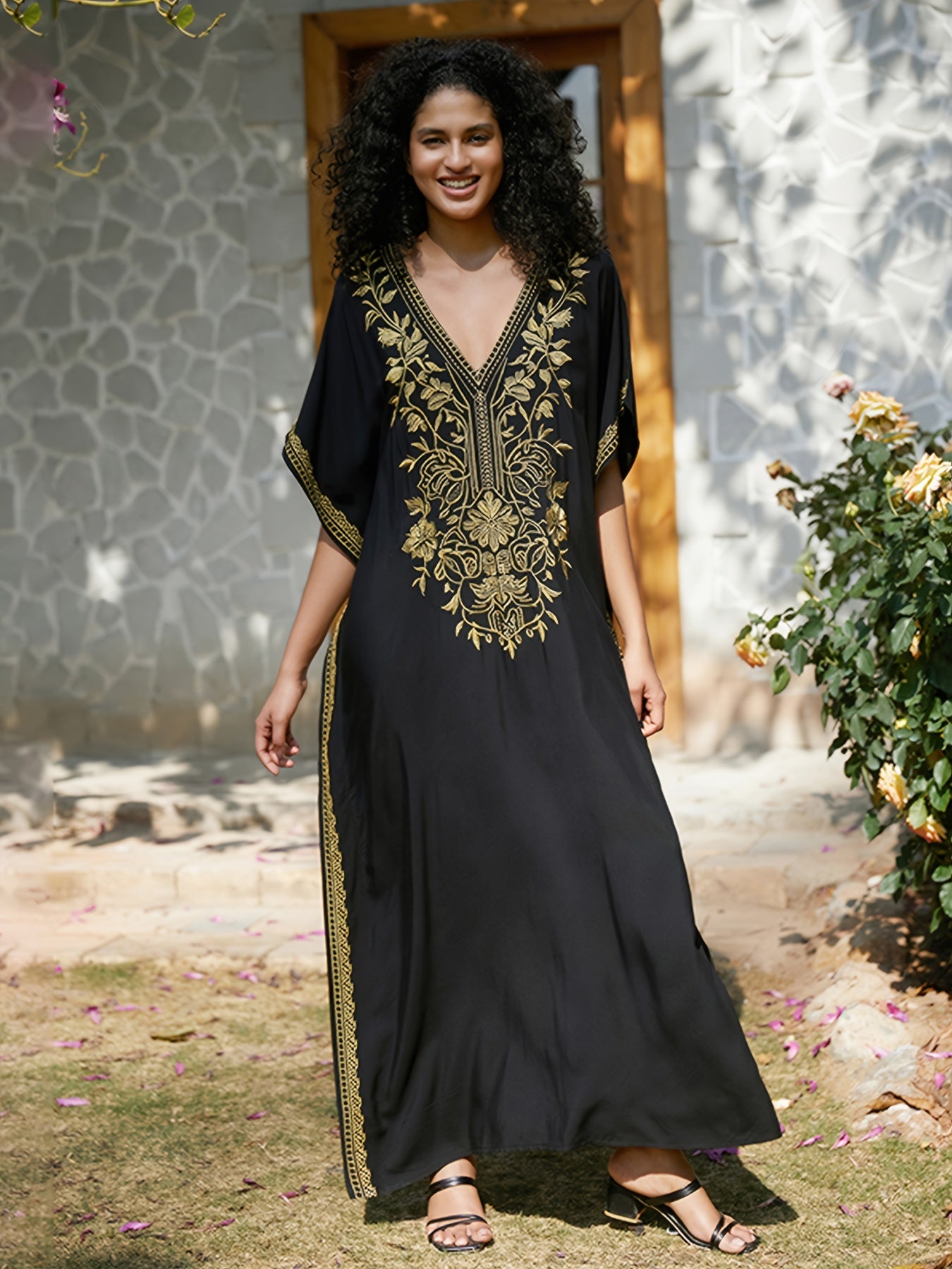 Bohemian Embroidery Caftan Dress House Dress Split Thigh Beachwear Vacation Dress Cover Up