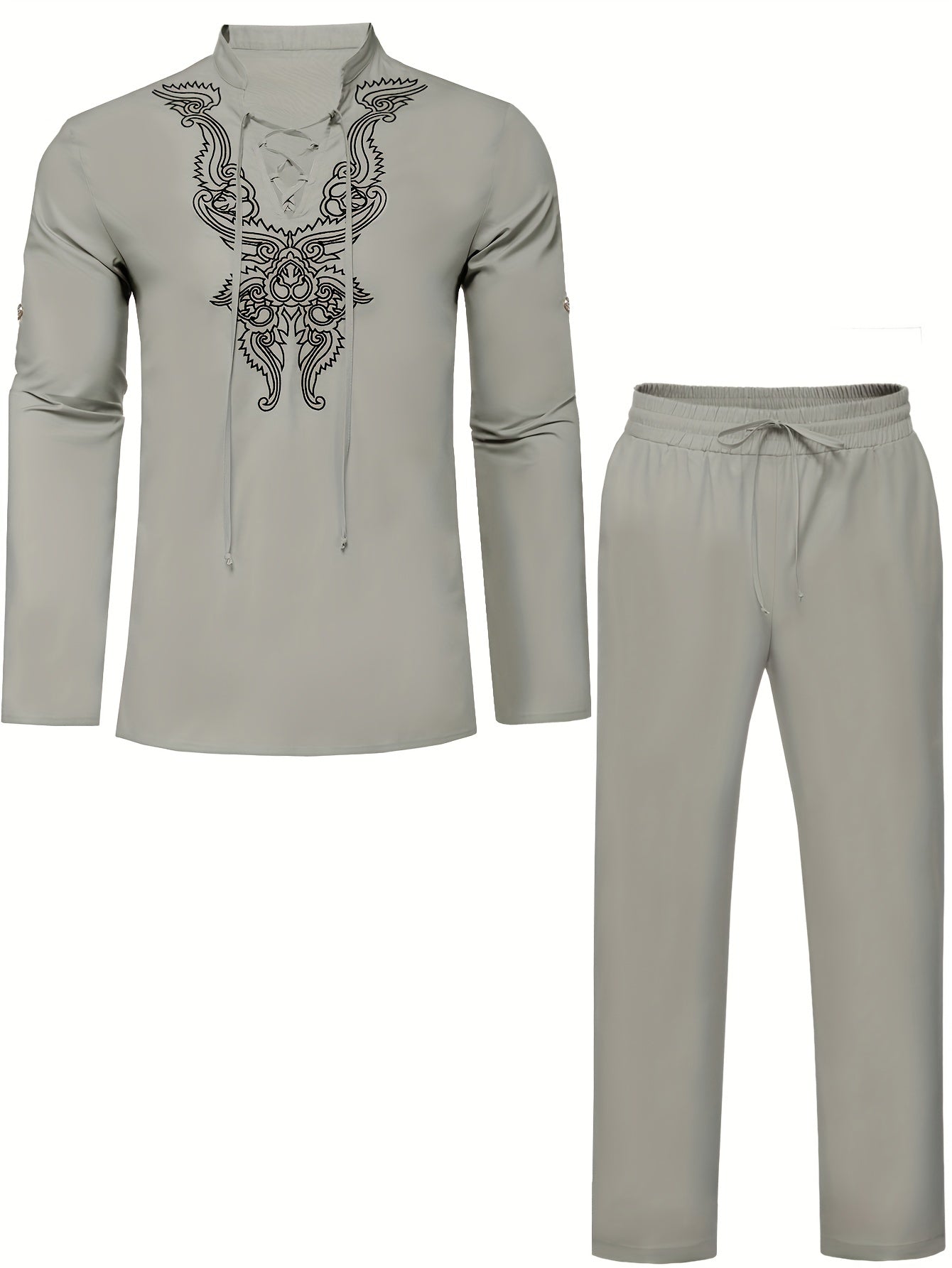 Cotton Boho Style Pattern Embroidery Men's 2 Pieces Outfits, Long Sleeve Lace Up Shirt And Drawstring Solid Trousers Set