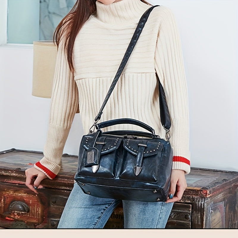 New Retro Wax Handheld Single Shoulder Crossbody Fashion Messenger Rivets Large Capacity Women's Bags