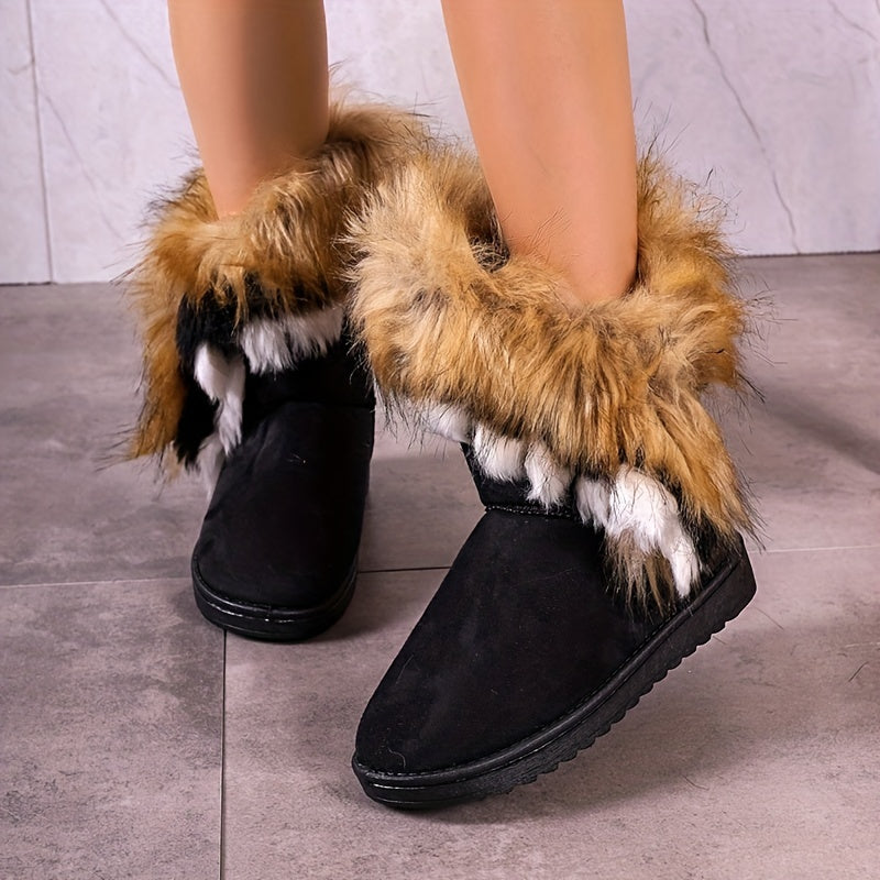 Women's Faux Fur Snow Boots, Casual Slip On Plush Lined Boots, Women's Comfortable Winter Boots