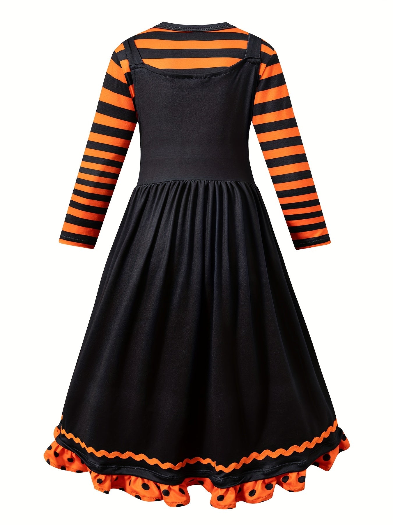 Girls Fun & Cute Pumpkin Magical Female Dress Up Outfit, Long Sleeve Striped R-shirt + Suspender A Line Ruffle Dress + Hat For Halloween Party