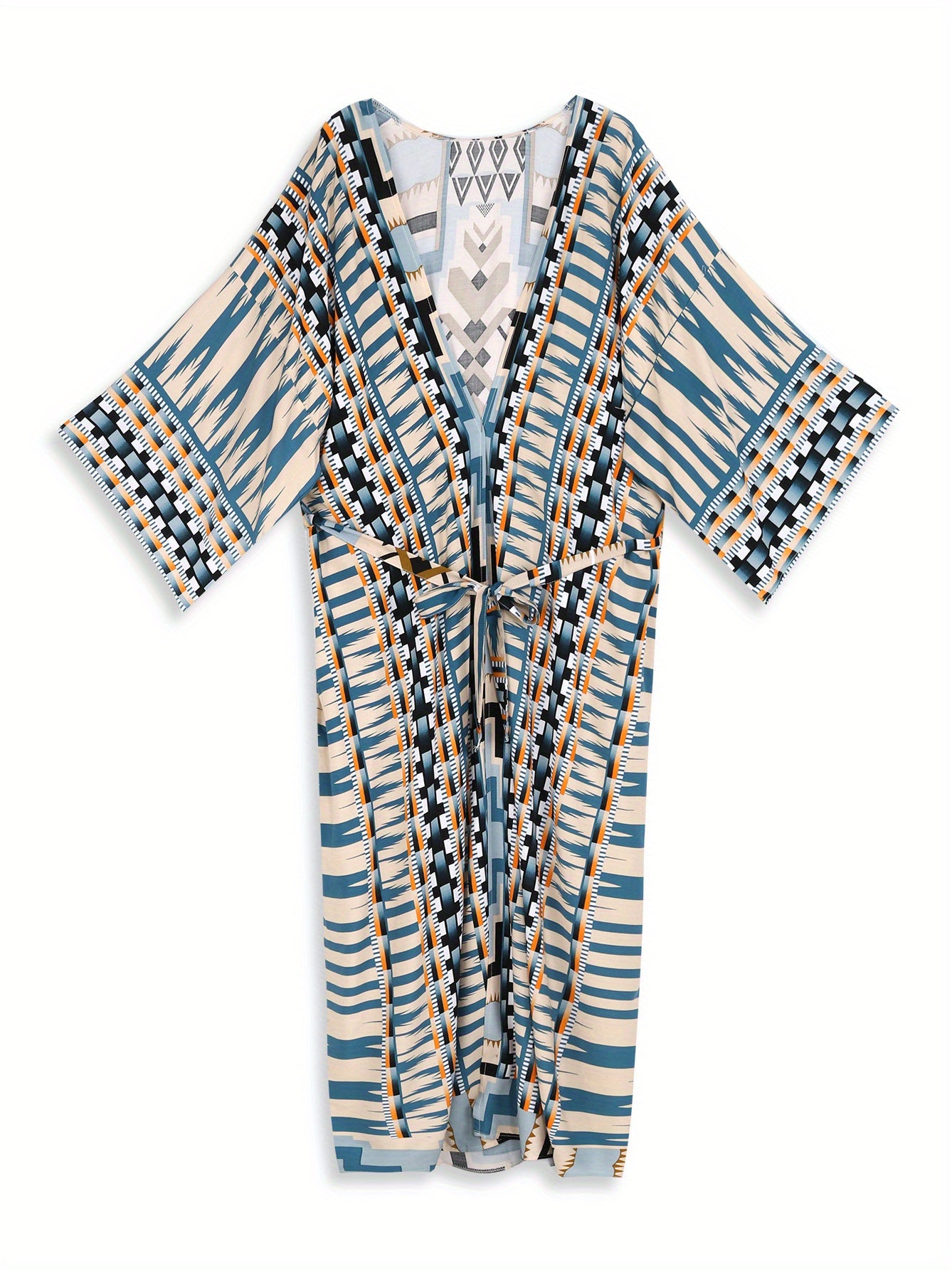 Geo Print Open Front Belted Kimono, Boho Long Sleeve Beachwear Cove Up.