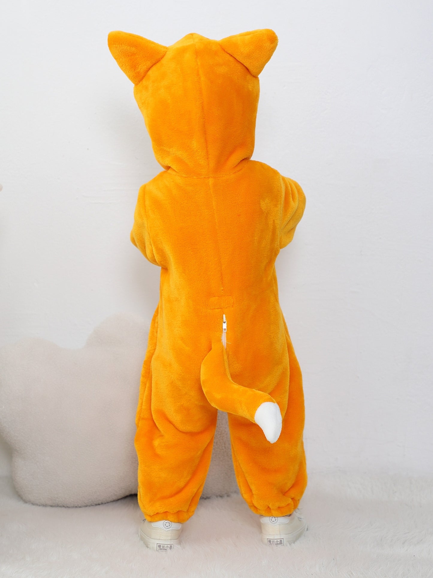 Unisex Baby's Fox Shape Onesie, Toddlers Animal Costume Outfit, Warm Fuzzy Cute Fox Romper For Kids, Cozy Hooded Jumpsuit With Tail, Soft Comfortable Playwear For Infants.