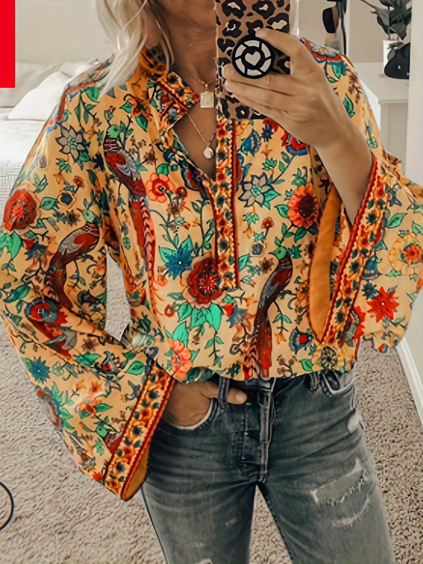 Floral Print V Neck Blouse, Boho Long Sleeve Loose Blouse For Spring & Fall, Women's Clothing