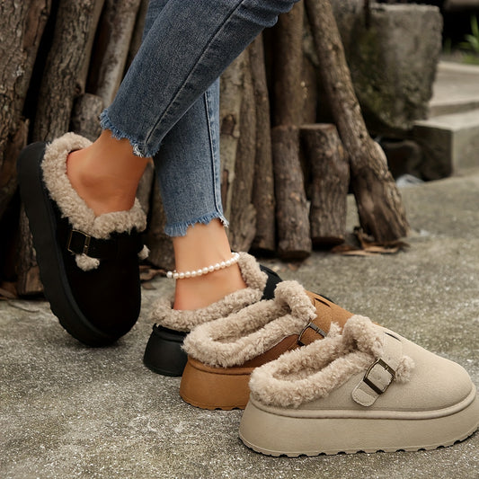 Cozy Plush Lined Ankle Boots - Soft Solid Color Design, Comfortable Buckle Strap, Warm Winter Shoes for Women - Perfect for Cold Weather, Casual Daily Wear