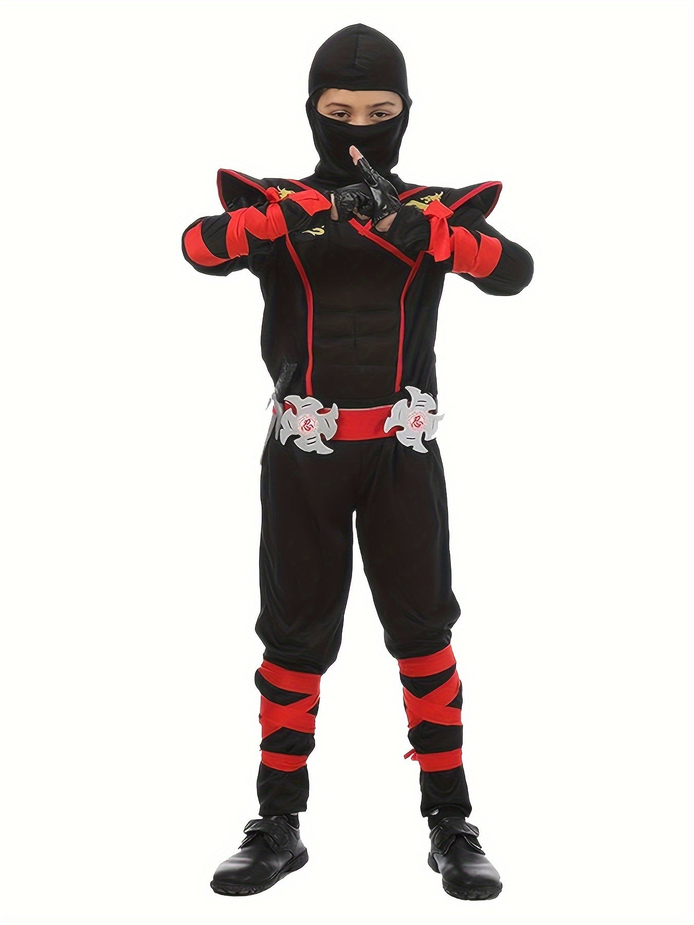 Deluxe Children's Ninja Outfit Set, Muscle Ninja Apparel for Halloween Boys Role-play, Polyester Spandex Blend, Crew Neck, Zippered, Suitable for Over 3 Years Old