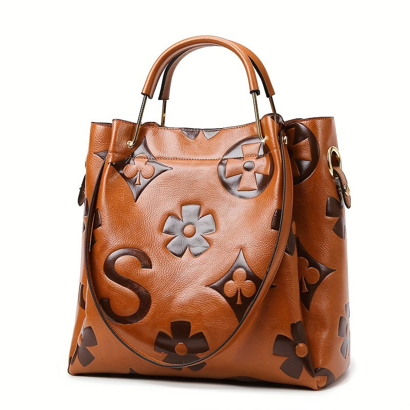 Elegant Flower Embossed Handbag, Fashionable Satchel Bag For Work, Classic All-Match Bag