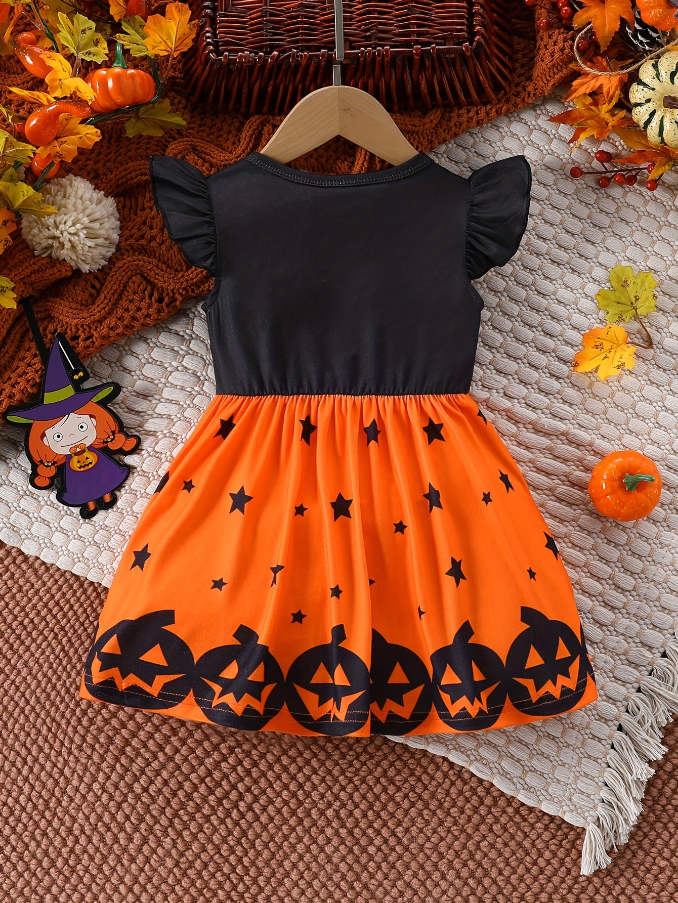 Halloween Pumpkin & Ghost Face Print Dress - Sleeveless with Ruffle Trim, Stretchy Fabric, Machine Washable