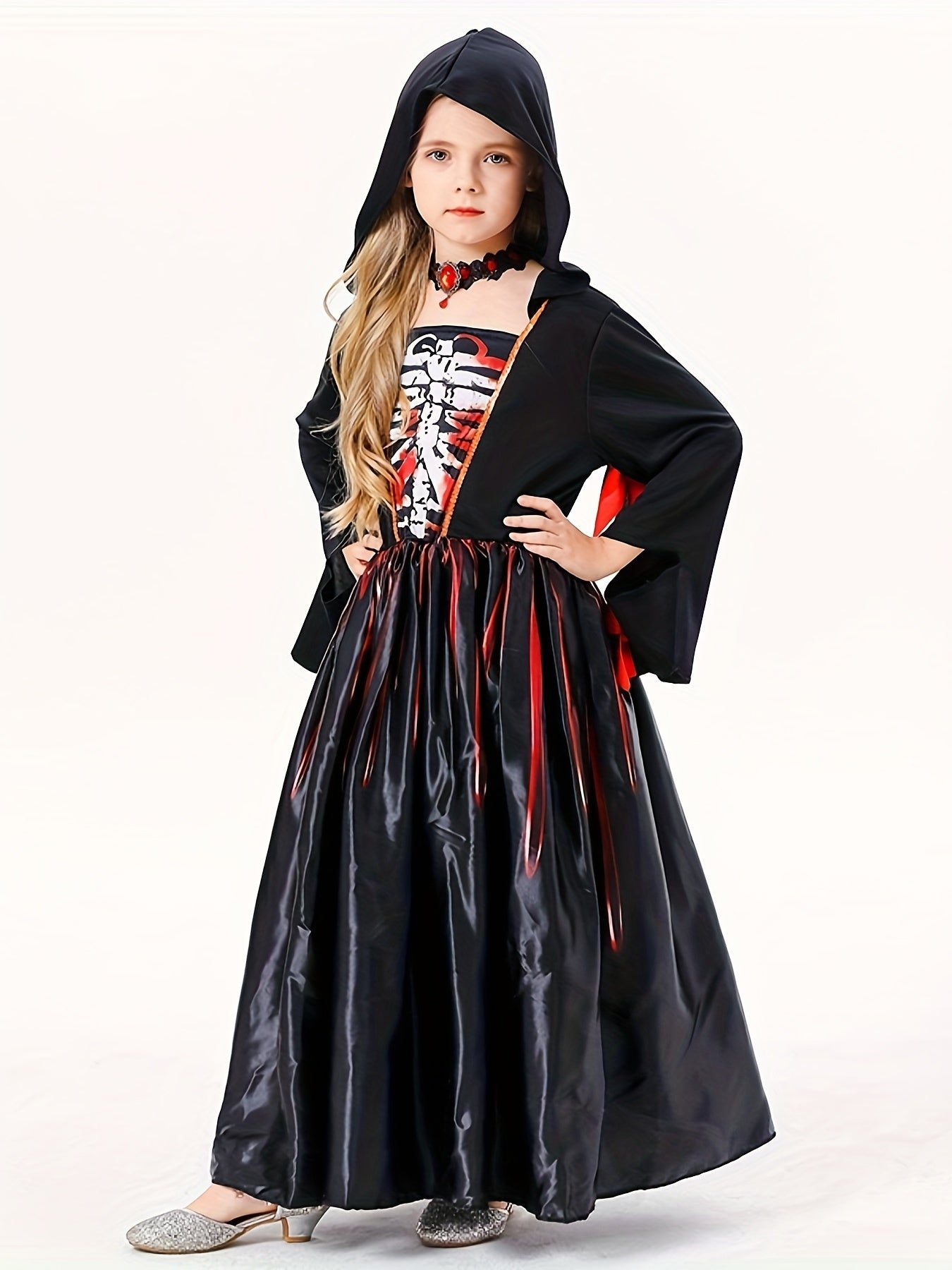 Kids' Halloween Witch Costume - Spooky Black Skull Hooded Long Sleeve Dress with Geometric Pattern, Polyester & Spandex Blend, Machine Washable