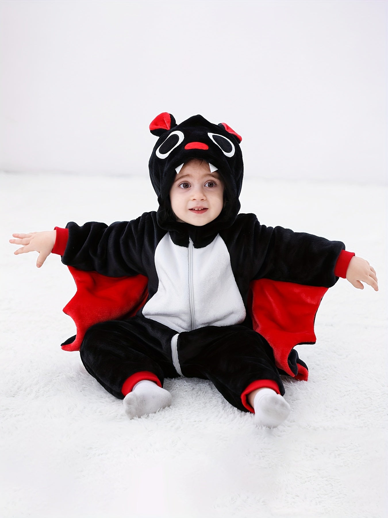 Baby's Halloween Style Bat Hooded Jumpsuit, Warm Fuzzy Wings Sleeve Romper, Baby Boy's & Girl's Clothes.