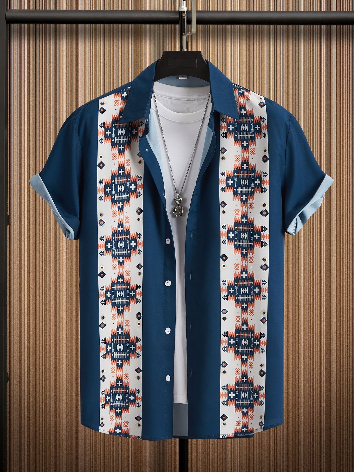 Bohemian Print Color Block Men's Casual Summer Short Sleeve Button Up Shirt