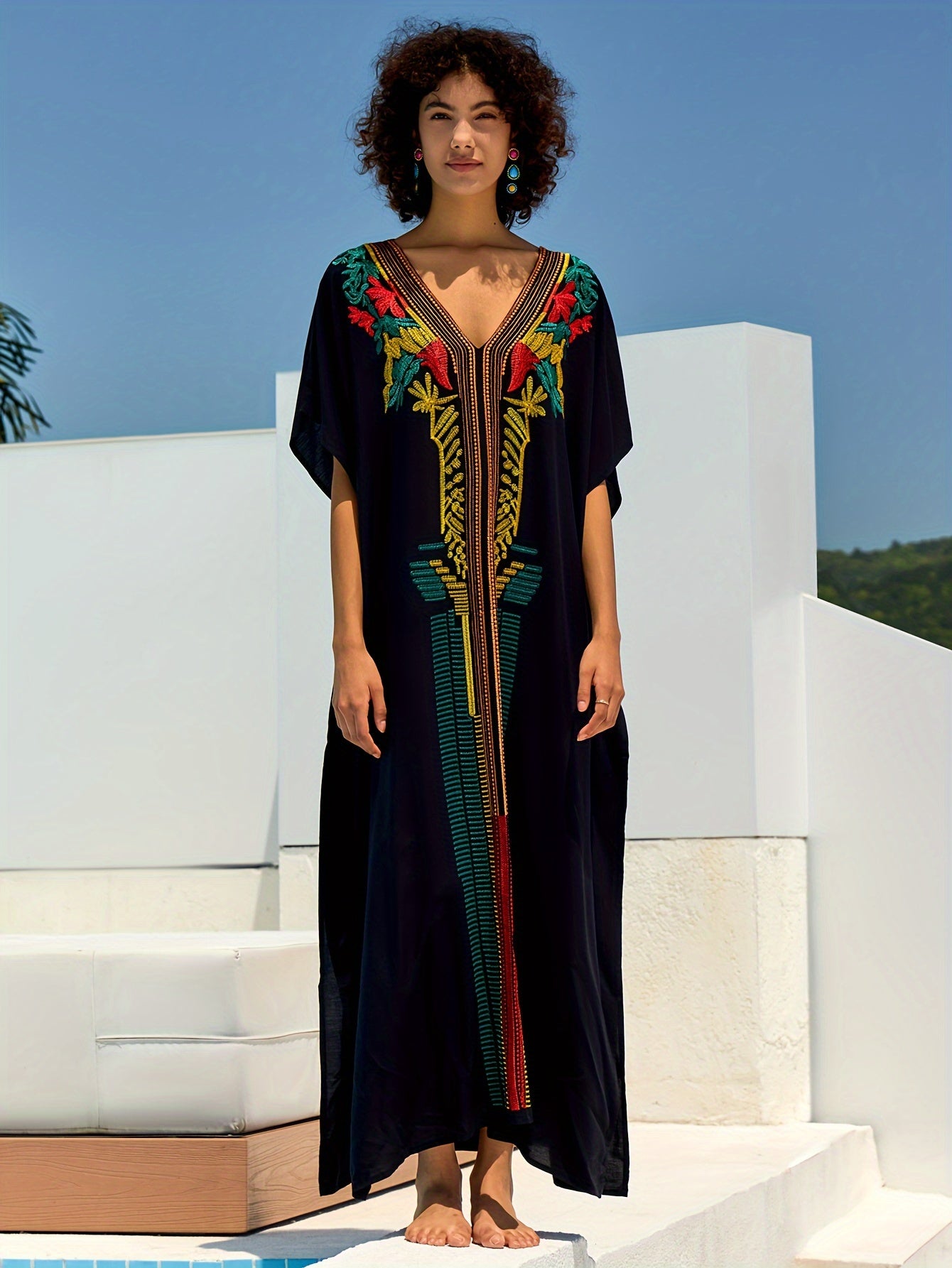 Embroidery Kaftan Dress Women Bohemian House Dress Split Thigh Beachwear Dubai Abaya