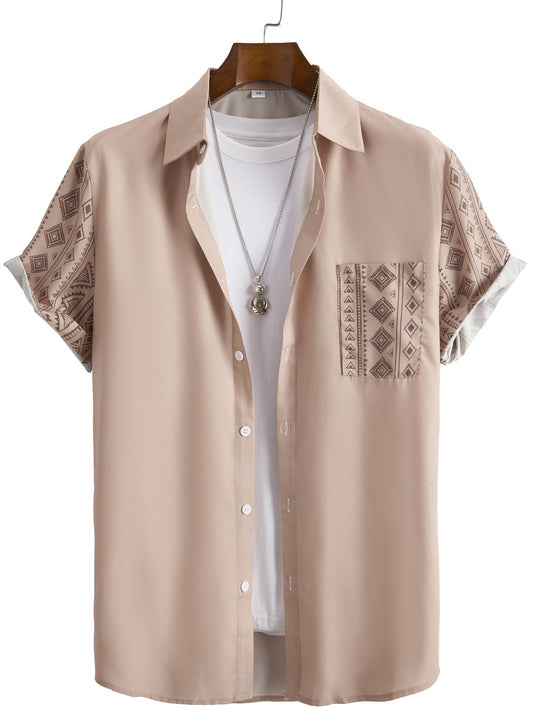 Bohemian Ethnic Style Pattern Men's Retro Casual Short Sleeve Lapel Shirt With Chest Pocket, Summer