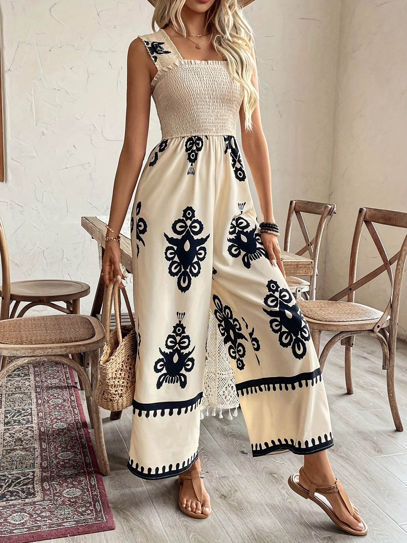 Graphic Print Shirred Wide Leg Jumpsuit, Boho Style Sleeveless Jumpsuit For Spring & Summer