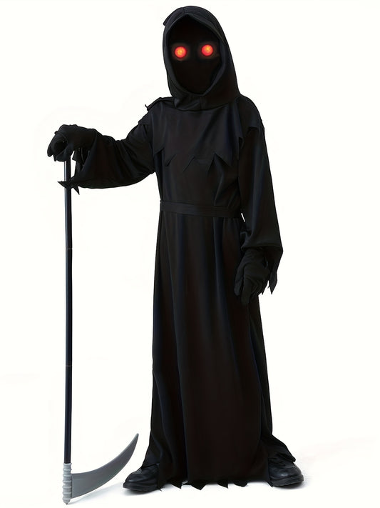 Halloween Youth Grim Reaper Costume Set with Glowing Eyes, Sickle & Luminous Accessories - Includes Headgear, Jumpsuit, Belt, Gloves - Ideal for Party Costume