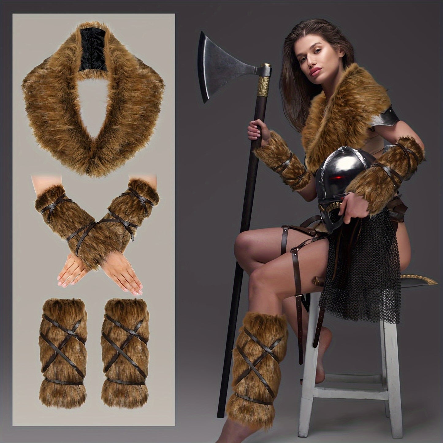 5-Pcs Viking Deluxe Faux Fur Accessories Set - Luxurious Collar, Leg & Hand Warmers - Authentic Style for Halloween Costume, Cosplay Events