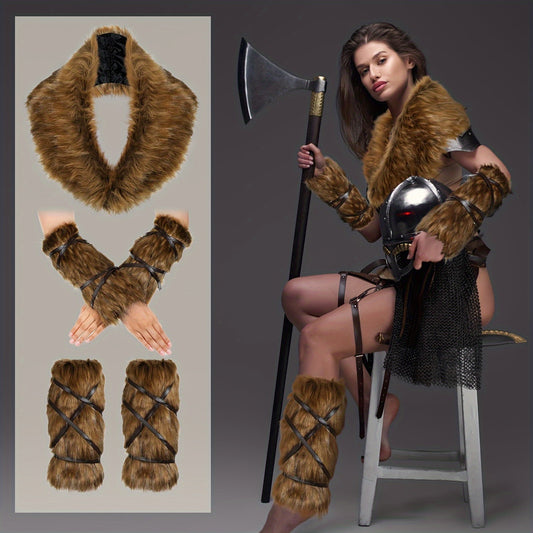 5-Pcs Viking Deluxe Faux Fur Accessories Set - Luxurious Collar, Leg & Hand Warmers - Authentic Style for Halloween Costume, Cosplay Events