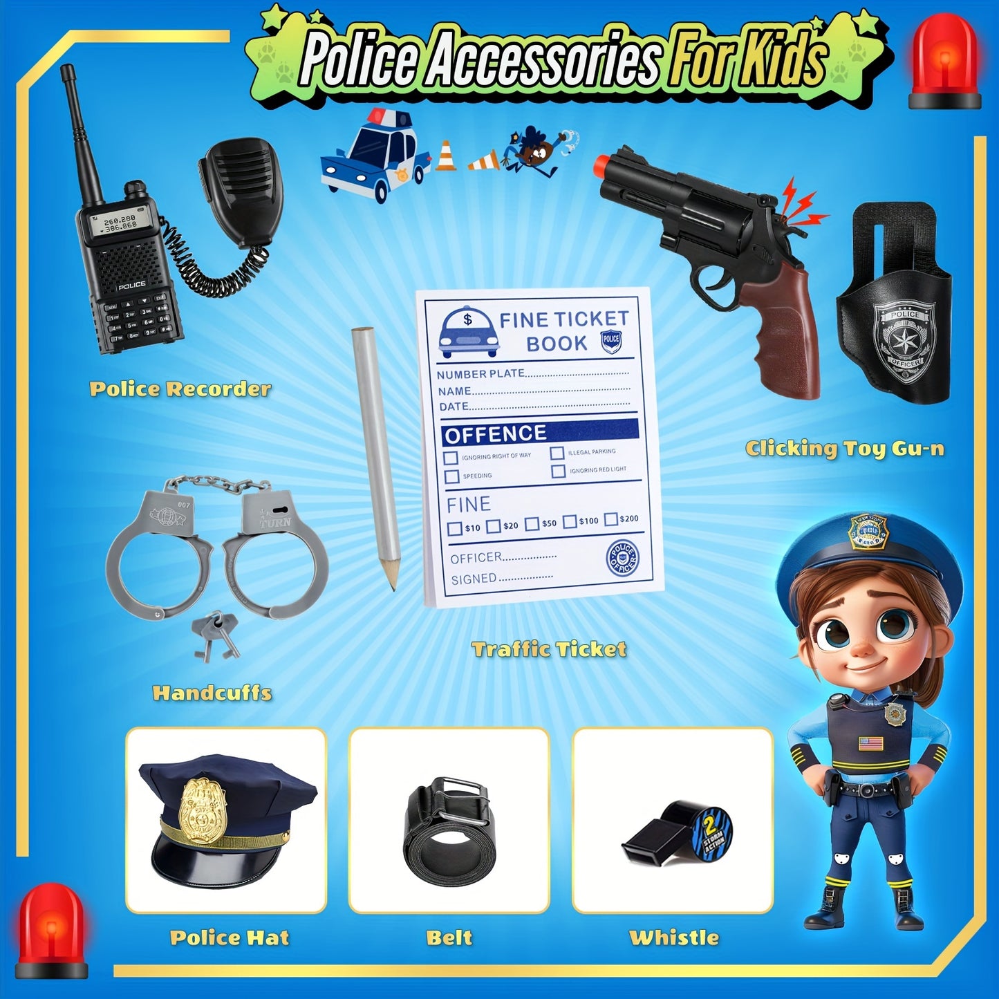 GINMIC Police Costume For Girls 3-12, Cute Police Officer Costume For Kids Cop Police Costume Kids Halloween Costumes For Girls Role Play Costume Set