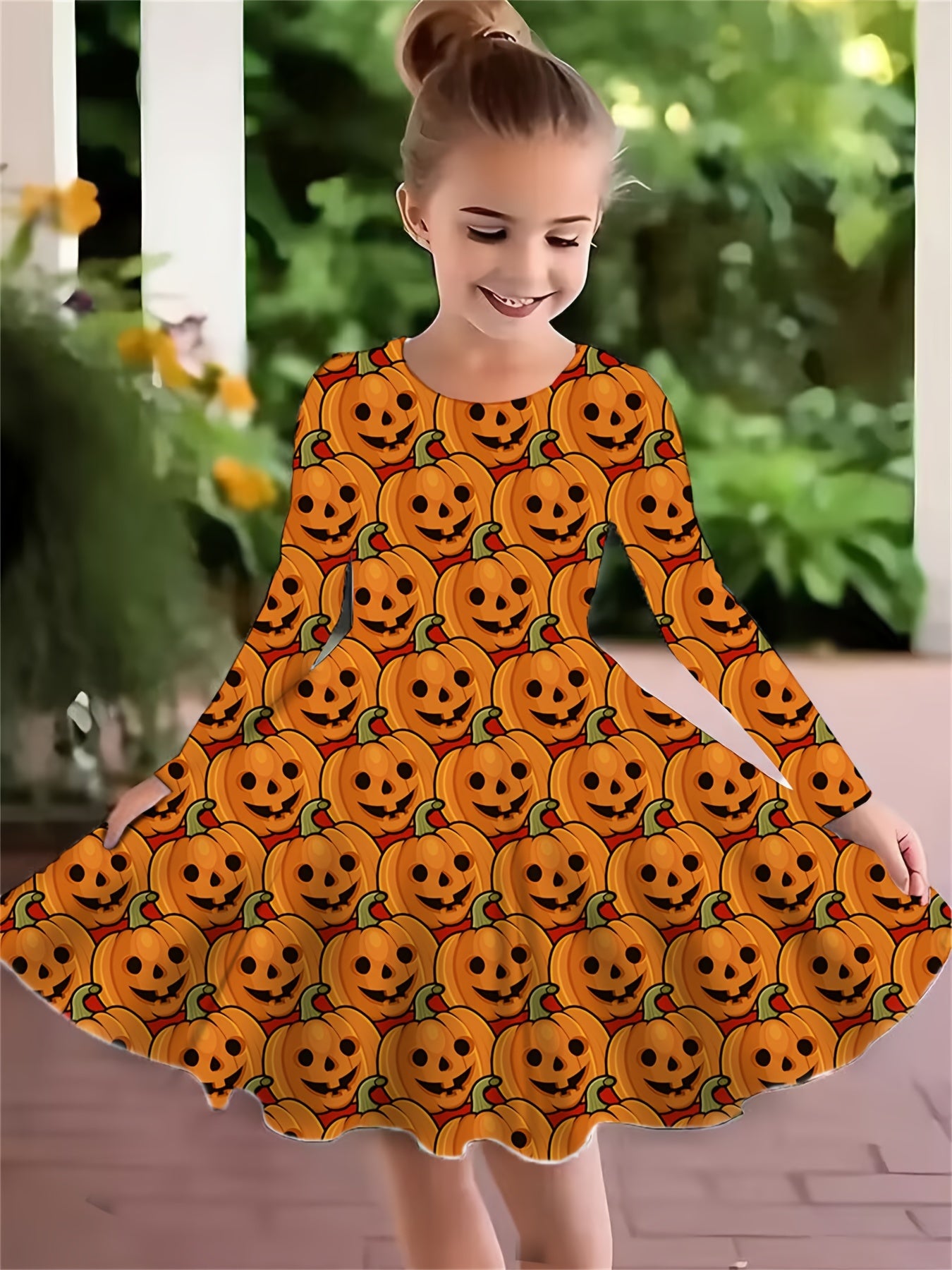 Kids' Halloween A-Line Dress - Long Sleeve 3D Printed Pumpkin Tunics, Casual Polyester Knit Fabric with Slight Stretch for Children Aged 3-12