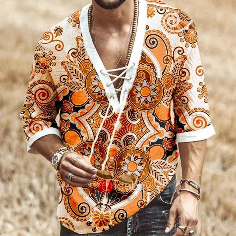 Men's Bohemian Pattern Shirt Top V Neck Lace Up Collar 3/4 Sleeves Closure Regular Fit Male Casual Shirt For Daily Beach Resorts