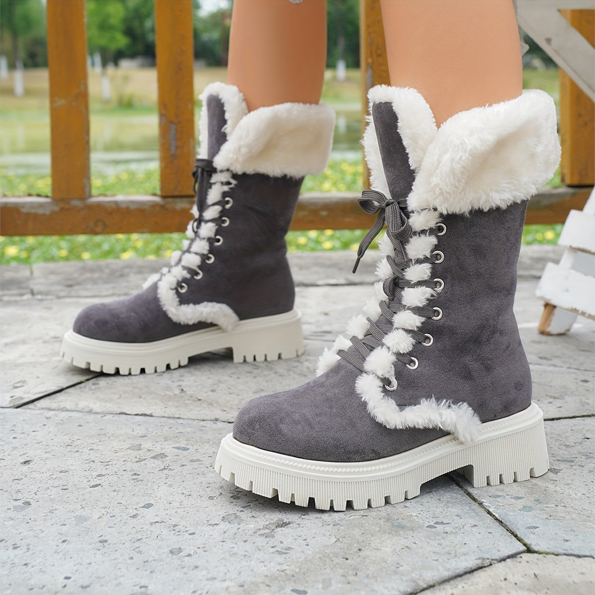 Women's Solid Color Fluffy Boots, Platform Soft Sole Thermal Lining Mid Calf Boots, Non-slip Winter Snow Boots