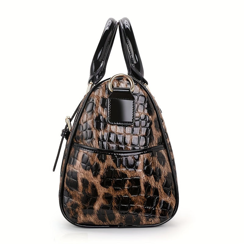 Leopard Print Handbag For Women, Crocodile Pattern Boston Bag, Luxury Genuine Leather Satchel Purse