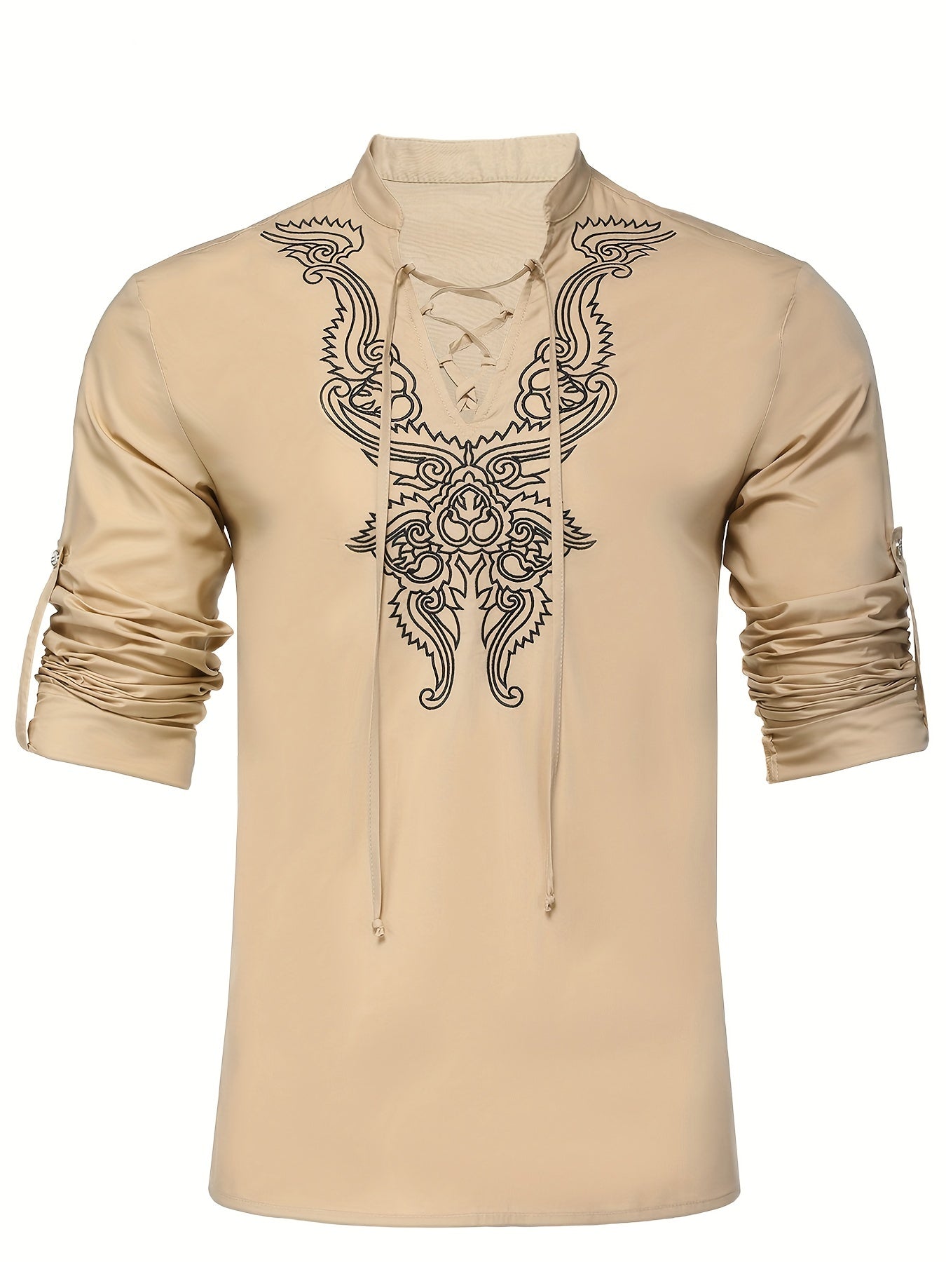 Cotton Boho Style Pattern Embroidery Men's 2 Pieces Outfits, Long Sleeve Lace Up Shirt And Drawstring Solid Trousers Set