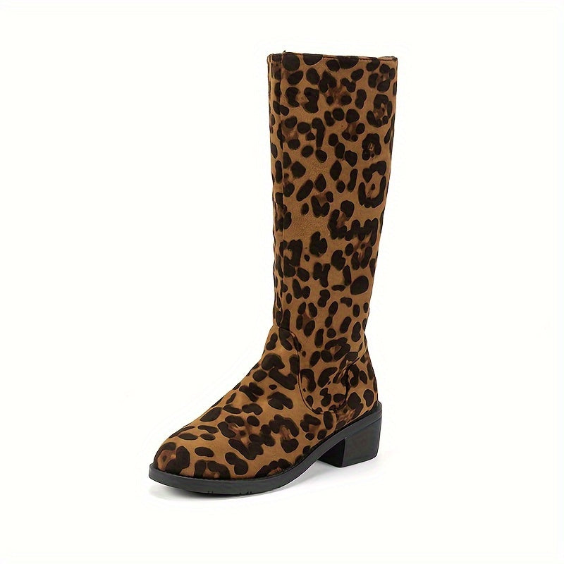 Leopard Print Sexy Boots European and American Style Mid-Calf Boots Round Head Sexy SM Makeup Ball Special Boots Plus Velvet Comfortable Velvet Fabric Women's Boots French Style Women's Thick Sole Side Zipper Anti-Slip Shoppi