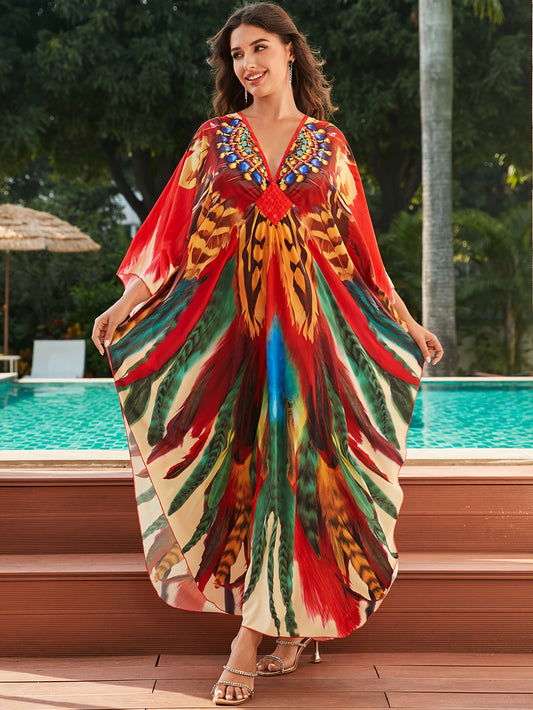 Women's Boho Style Cover Up, Plus Size Feather Print V Neck Loose Fit Comfy Beach Kaftan Dress