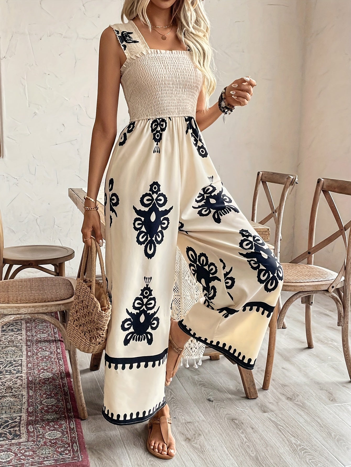 Graphic Print Shirred Wide Leg Jumpsuit, Boho Style Sleeveless Jumpsuit For Spring & Summer