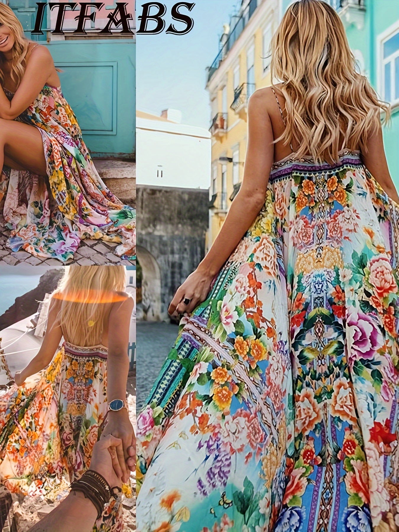 Women's Bohemia Floral Chiffon Dress Sleeveless Summer Long Maxi Dress Smocked Backless Cut Out Floral Flowy A Line Maxi Dress